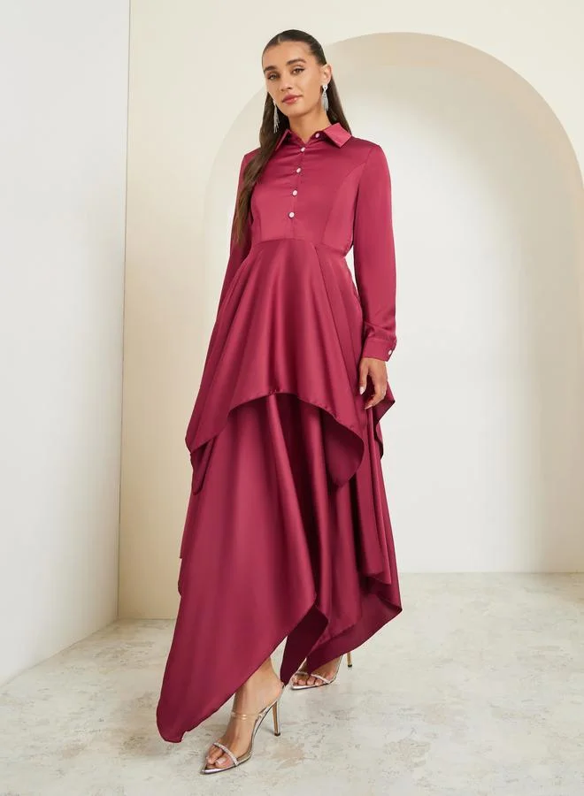 Styli Women Satin Asymmetric Hem Layered Maxi Dress